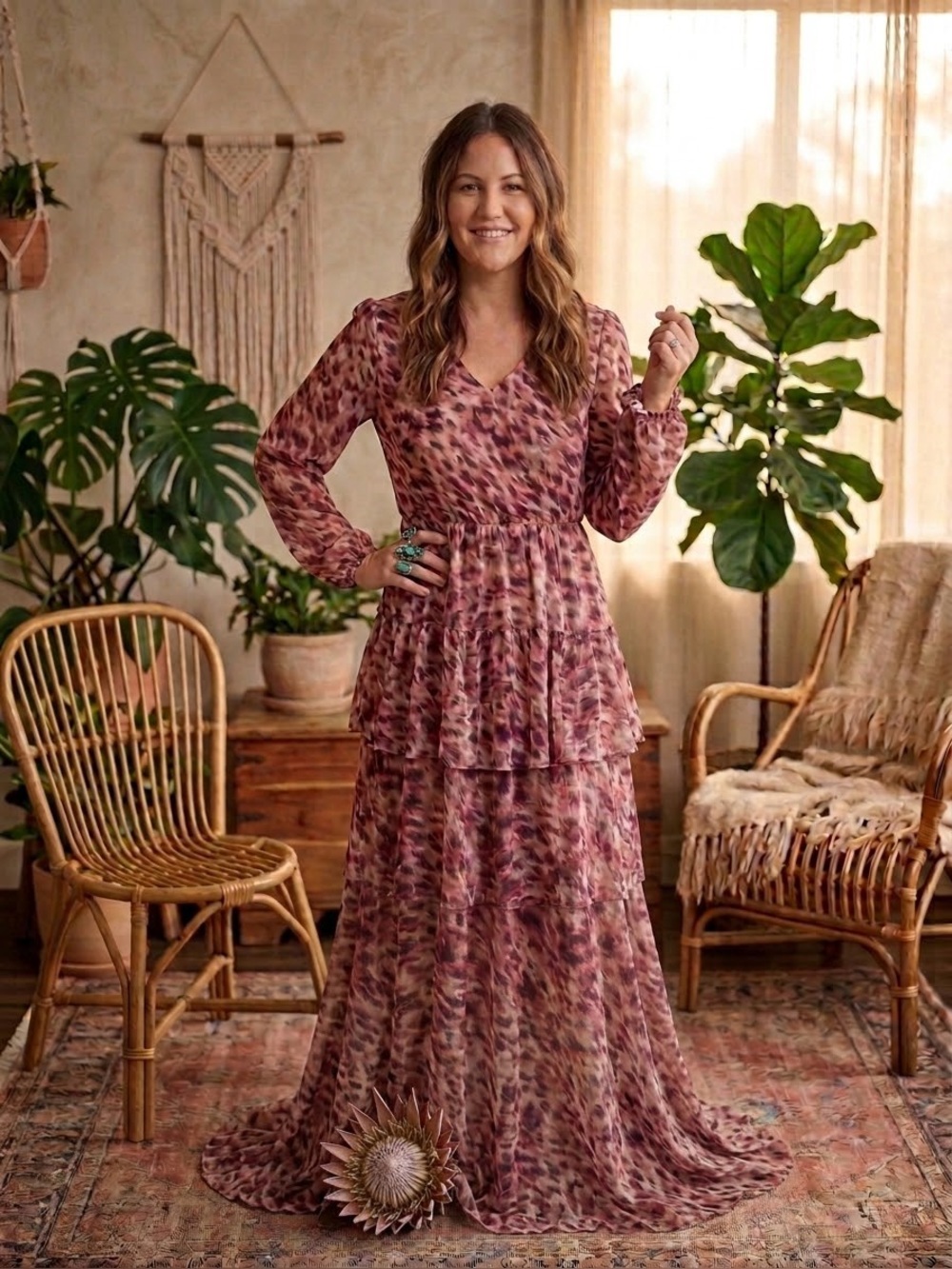 NWT Rachel Rachel Roy Mauve Animal Print Metallic Tiered Dress